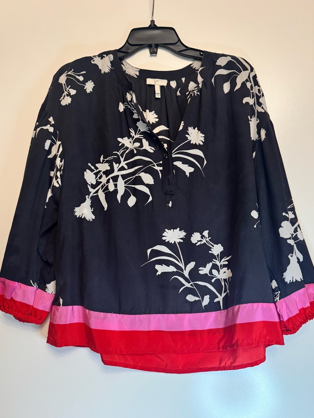 Joie 100% Silk Floral Blouse Small Black Pink Red Boho Tunic Top